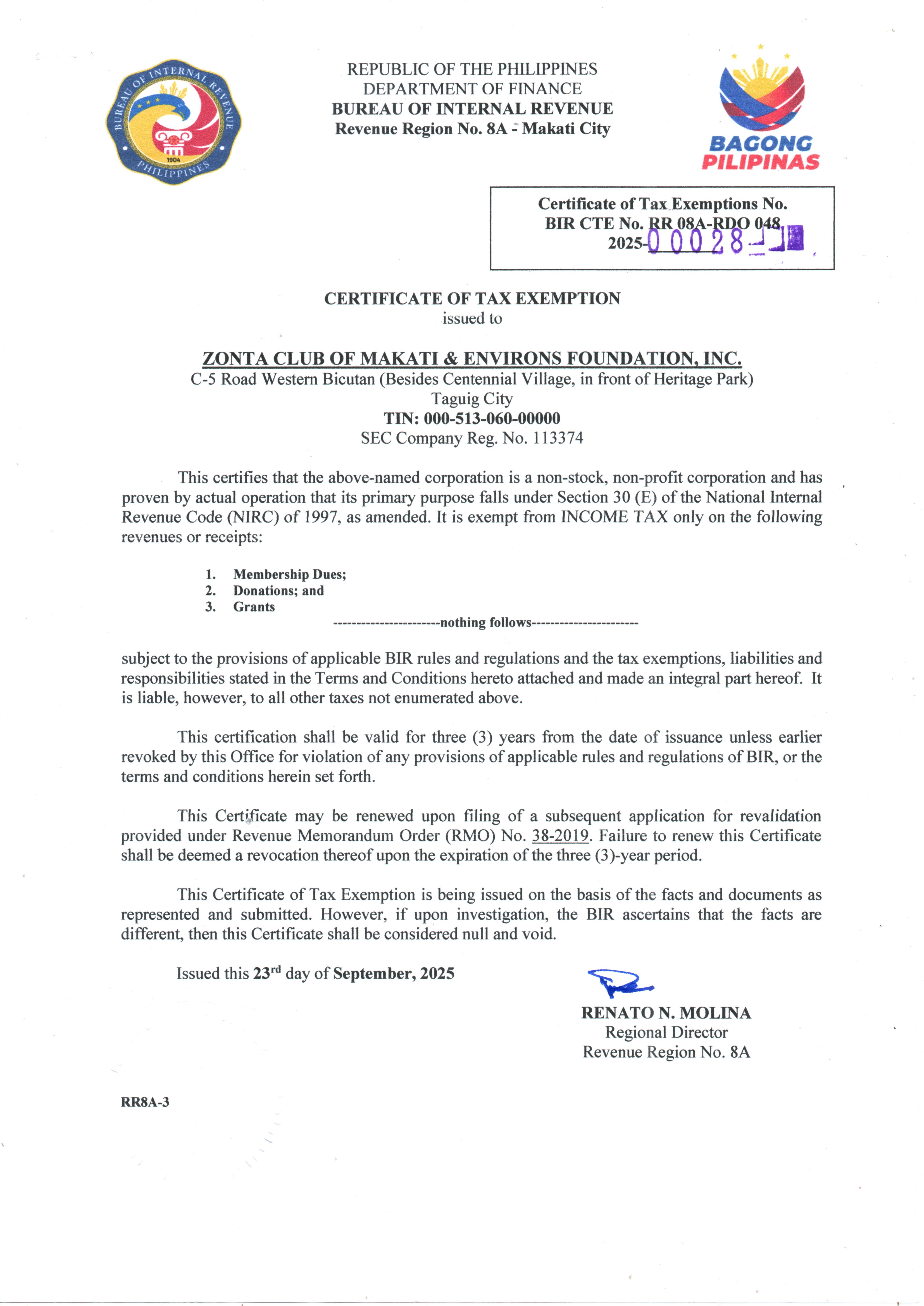 Tax Exemption Certificate